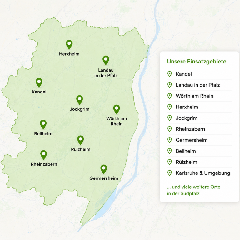 Einsatzgebiet Hausmeisterservice Südpfalz Hausmeisterservice Südpfalz Einsatzgebiet Karte für Kandel, Wörth am Rhein, Herxheim, Jockgrim, Rheinzabern, Germersheim, Bellheim